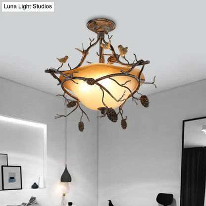 Antique bronze bird branch bowl semi flush mount bedroom light
