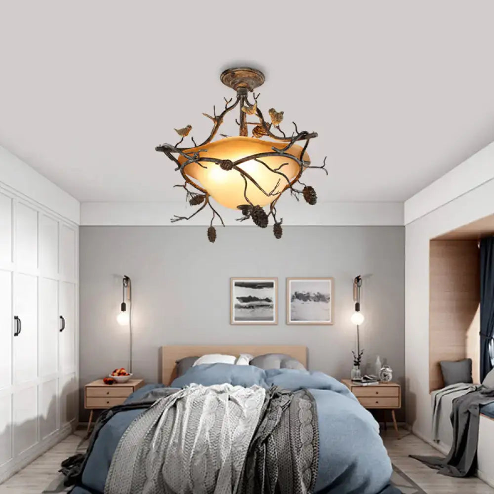 Antique bronze bird branch bowl semi flush mount bedroom light