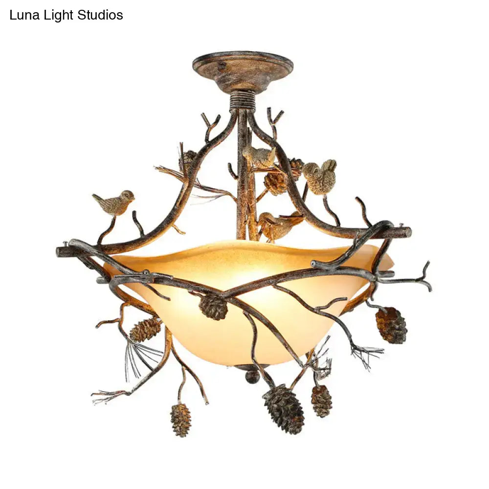 Antique bronze bird branch bowl semi flush mount bedroom light