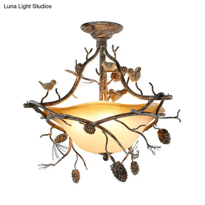 Antique bronze bird branch bowl semi flush mount bedroom light