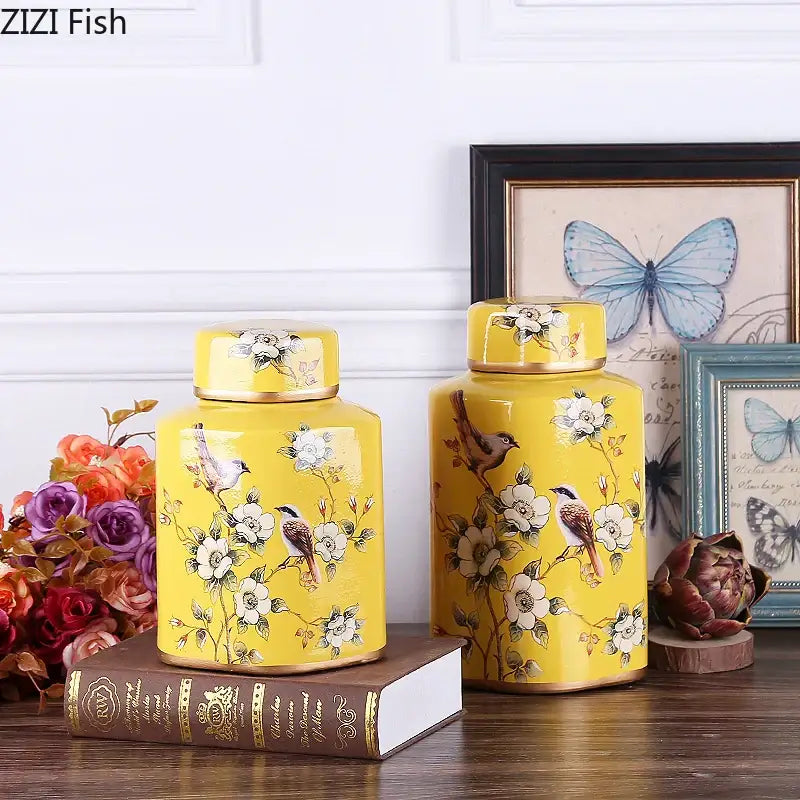 Decorbites country ceramic yellow floral jar dining room decor