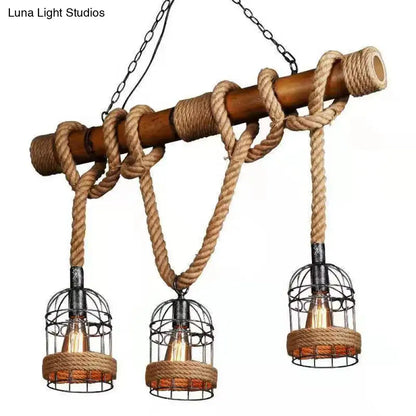 Rustic country bamboo hanging lamp dining room 3 light hemp rope