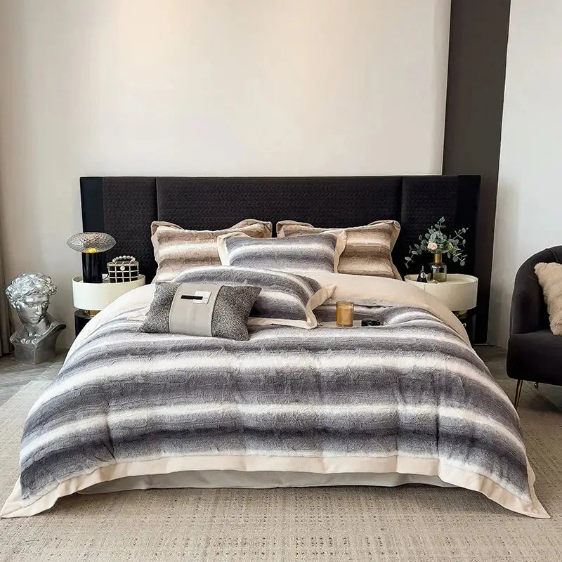 Decorbites cozy faux fur gray & white bedding set bedroom plush cover