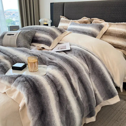Decorbites cozy faux fur gray & white bedding set bedroom plush cover