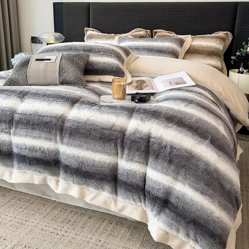 Decorbites cozy faux fur gray & white bedding set bedroom plush cover