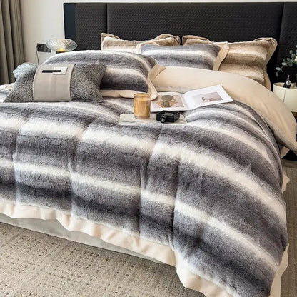 Decorbites cozy faux fur gray & white bedding set bedroom plush cover