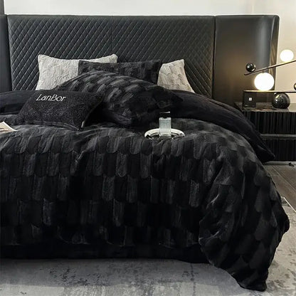 Decorbites cozy faux rabbit fur bedding set black & grey bedroom