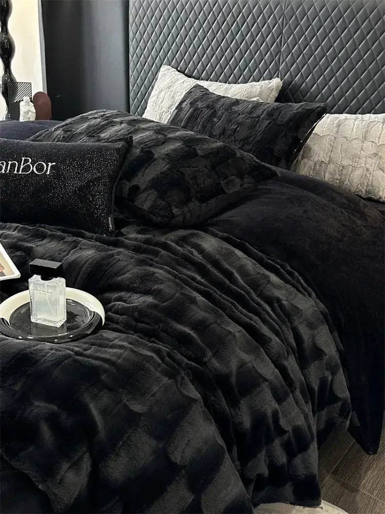 Decorbites cozy faux rabbit fur bedding set black & grey bedroom