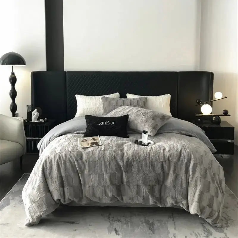 Decorbites cozy faux rabbit fur bedding set black & grey bedroom