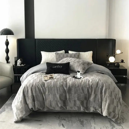 Decorbites cozy faux rabbit fur bedding set black & grey bedroom
