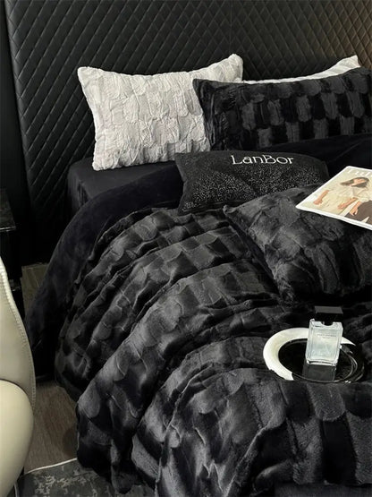 Decorbites cozy faux rabbit fur bedding set black & grey bedroom