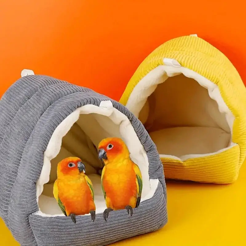Gray & yellow corduroy fleece bird cage parrot bed bedroom hut