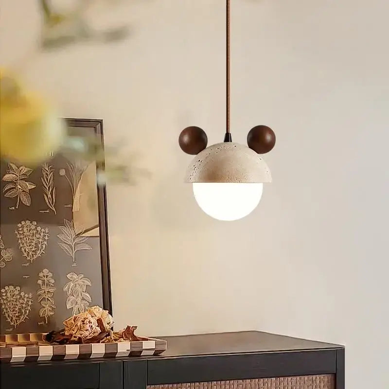 cream glass led pendant light with wood ears for bedroom