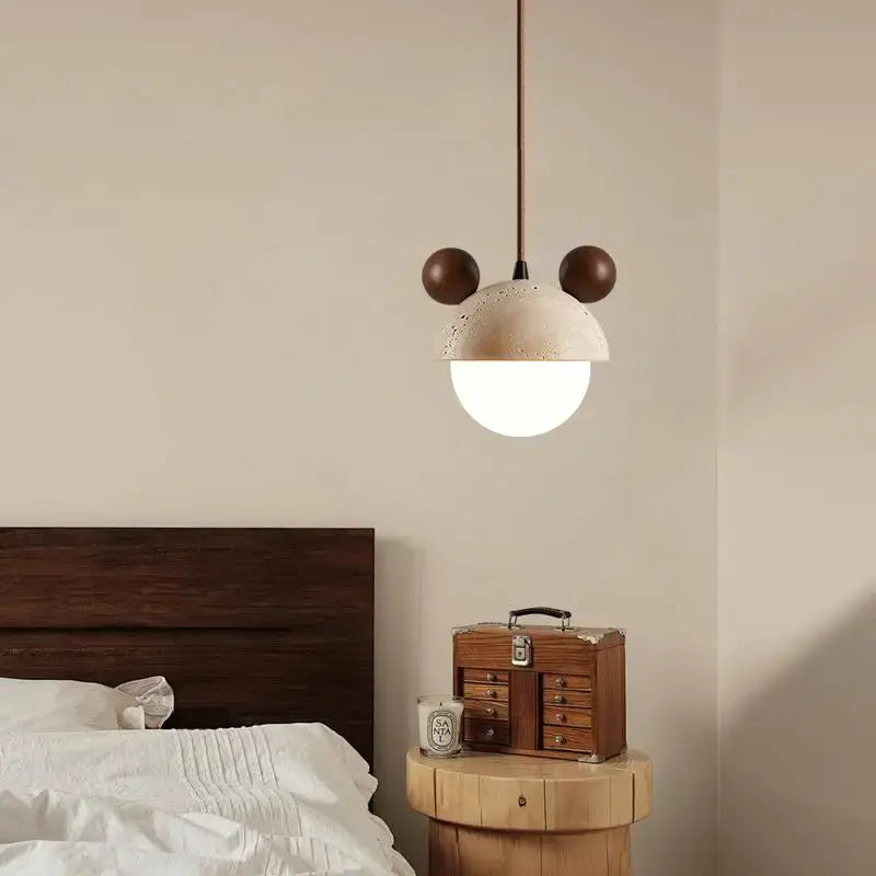 cream glass led pendant light with wood ears for bedroom