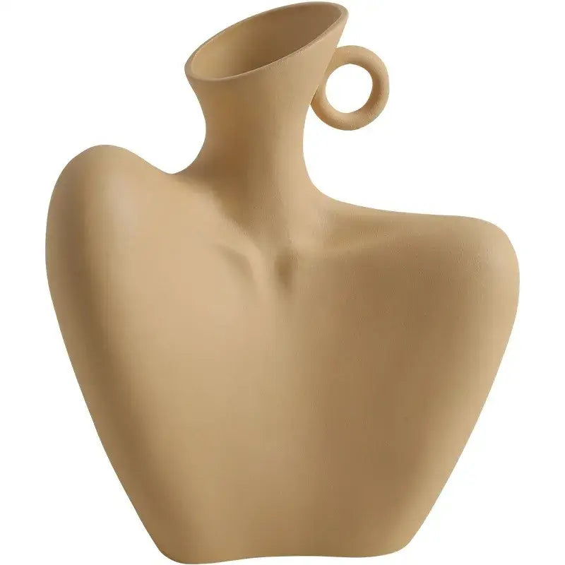 Stylized white ceramic human vase living room decor with handle