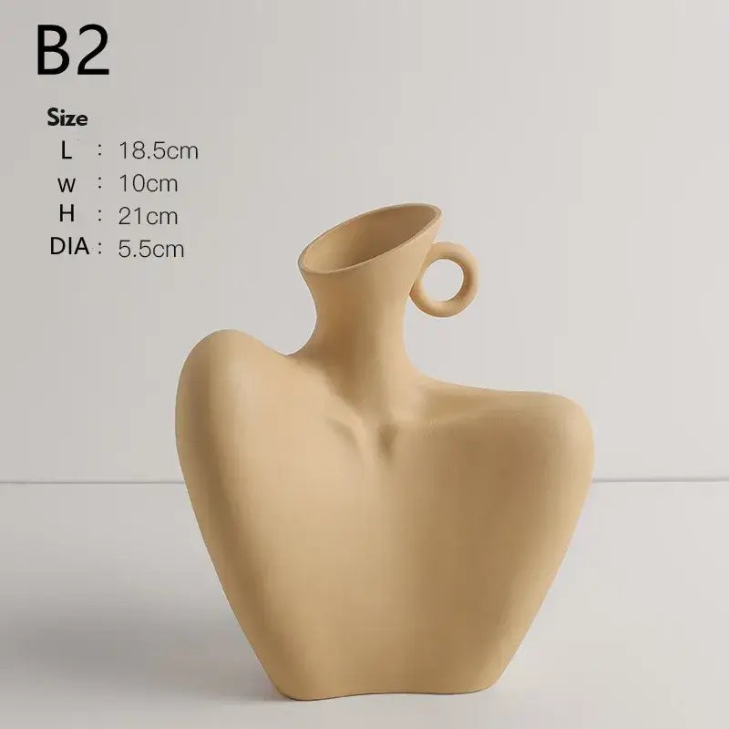 Stylized white ceramic human vase living room decor with handle