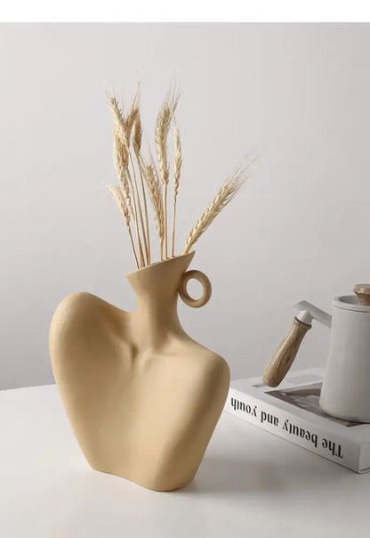 Stylized white ceramic human vase living room decor with handle