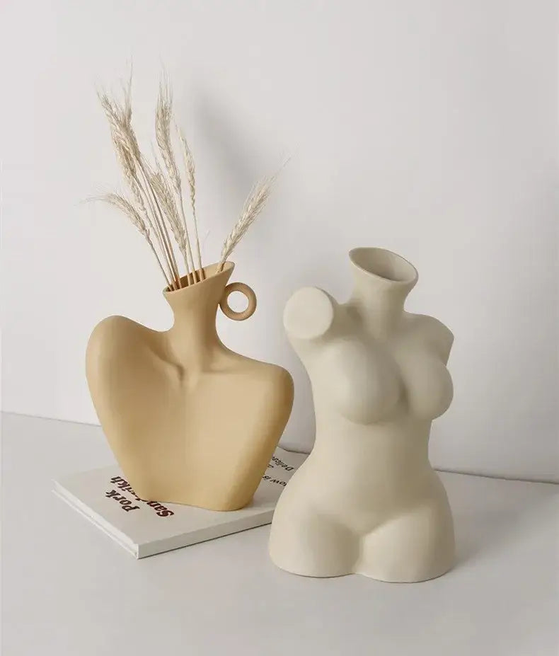 Stylized white ceramic human vase living room decor with handle
