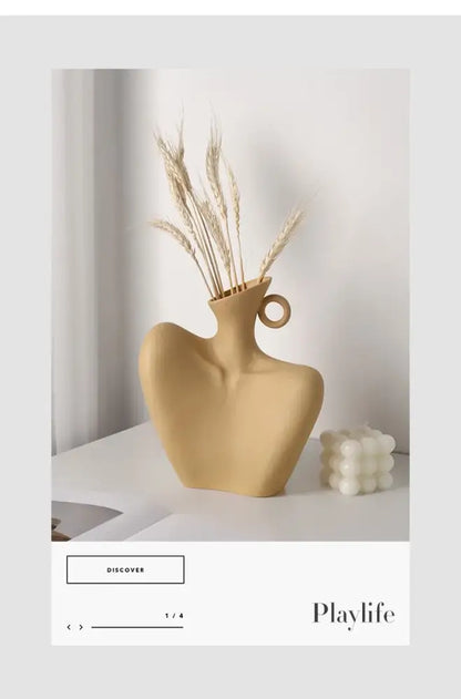 Stylized white ceramic human vase living room decor with handle