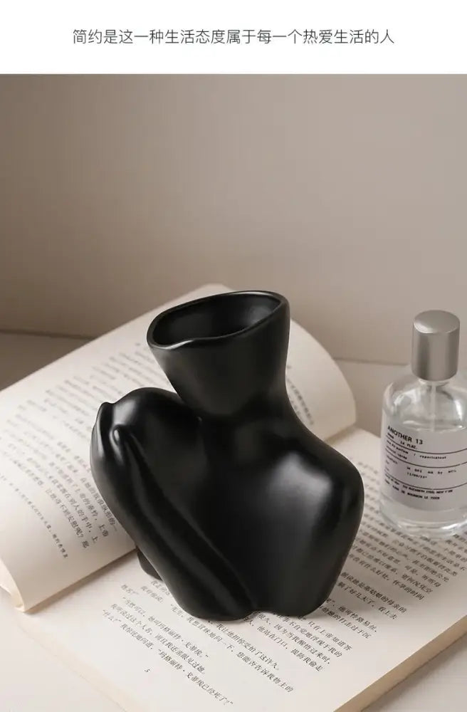 Stylized white ceramic human vase living room decor with handle
