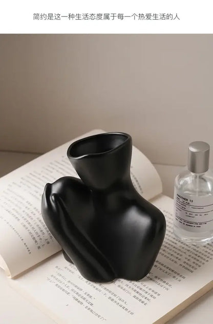 Stylized white ceramic human vase living room decor with handle