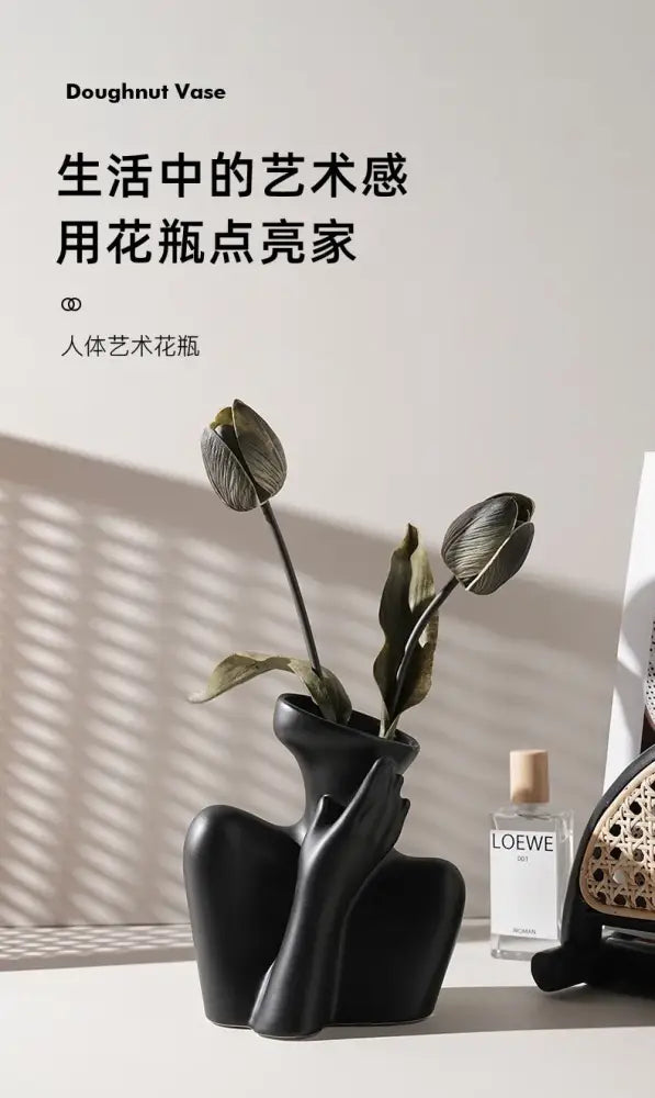 Stylized white ceramic human vase living room decor with handle