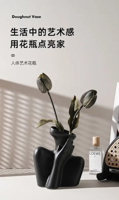 Stylized white ceramic human vase living room decor with handle