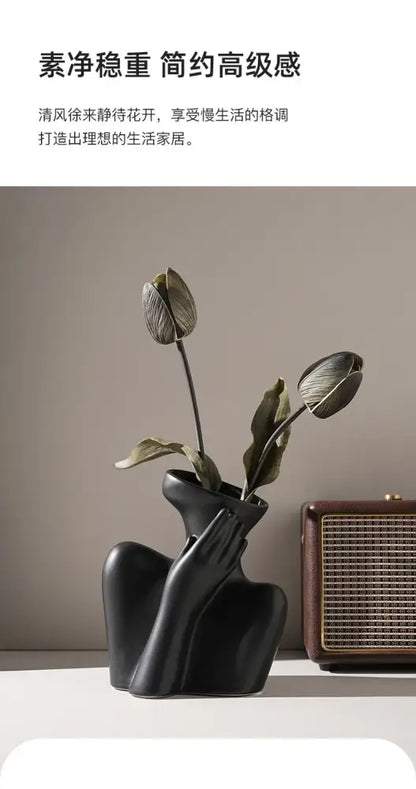 Stylized white ceramic human vase living room decor with handle