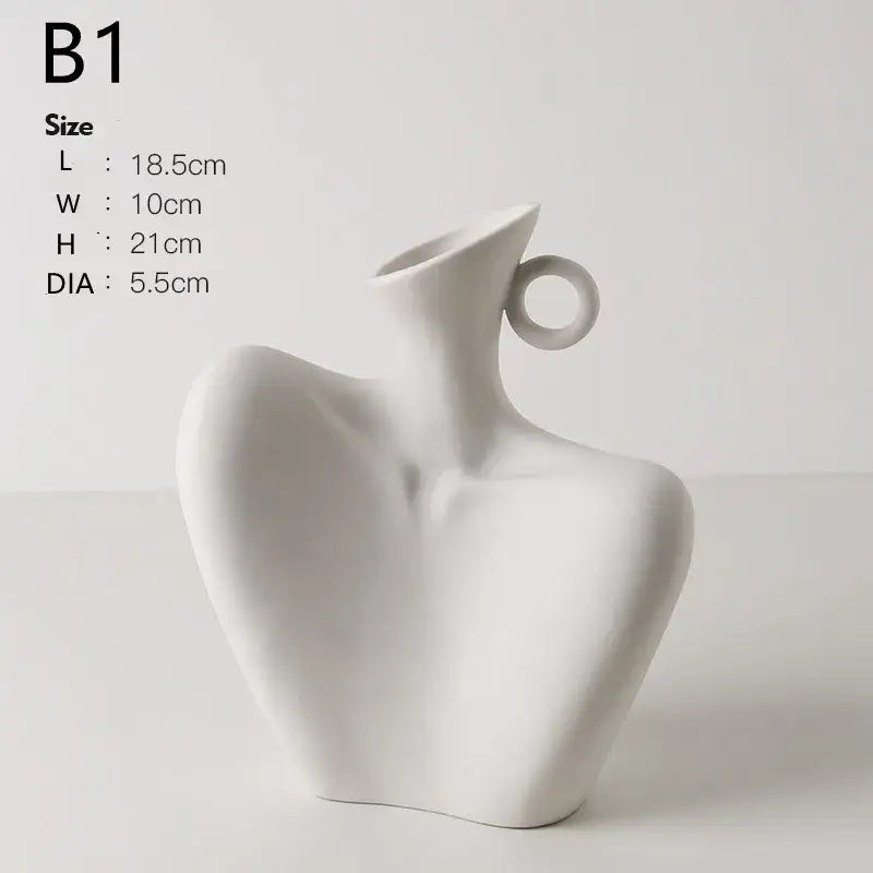 Stylized white ceramic human vase living room decor with handle
