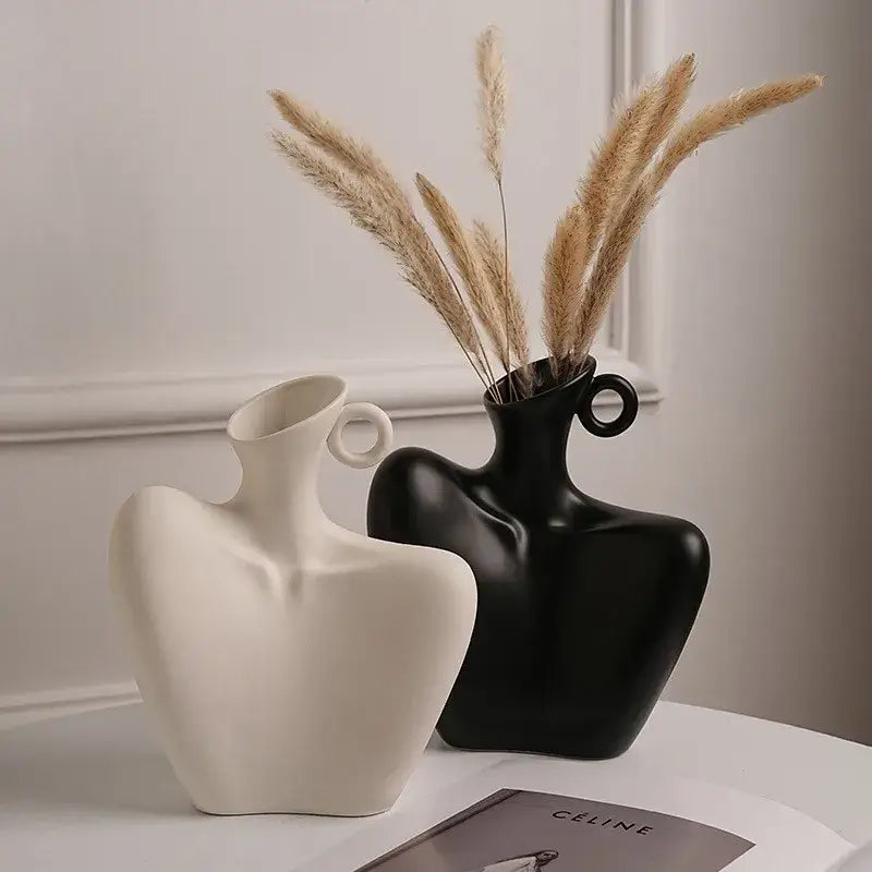 Stylized white ceramic human vase living room decor with handle