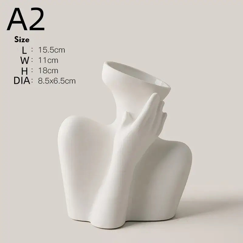 Stylized white ceramic human vase living room decor with handle