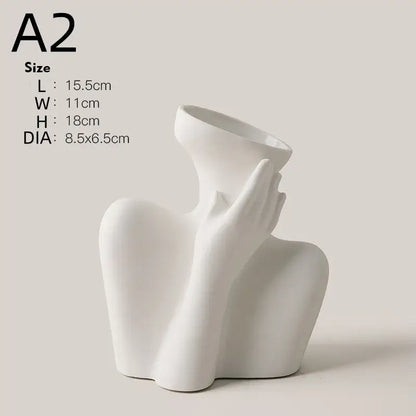 Stylized white ceramic human vase living room decor with handle