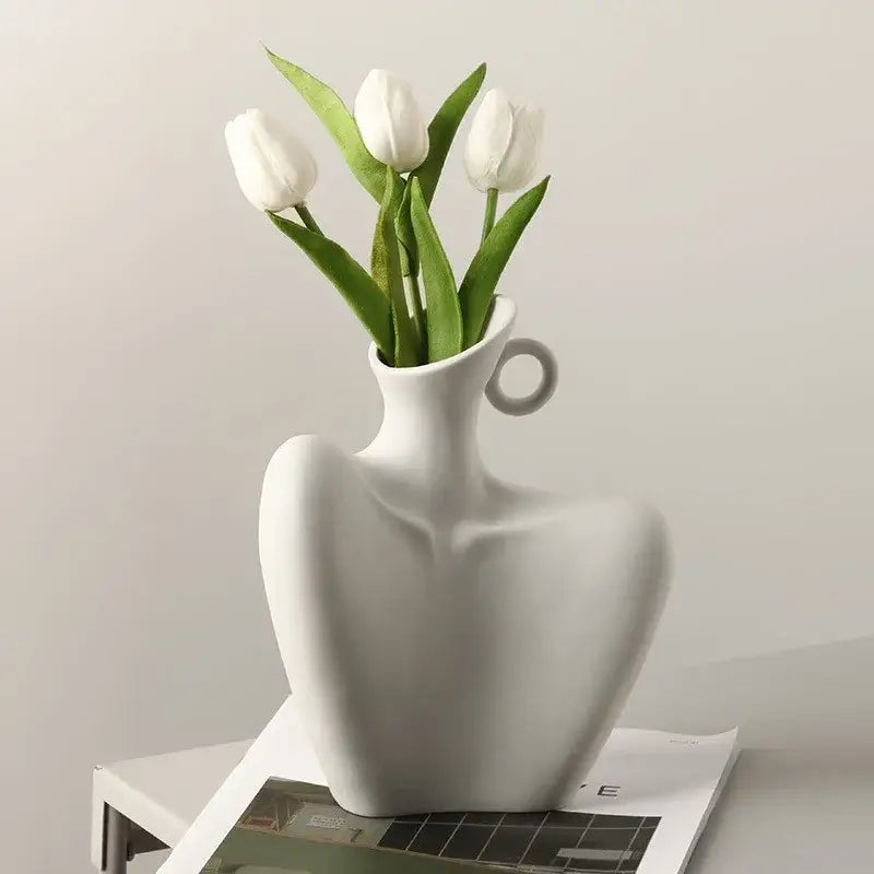 Stylized white ceramic human vase living room decor with handle