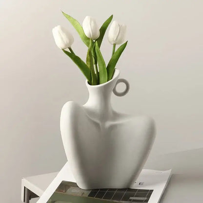 Stylized white ceramic human vase living room decor with handle