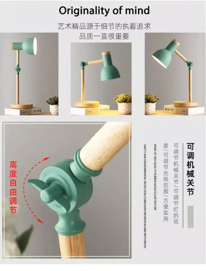 Nordic mint green wooden table lamp bedroom eye protection light
