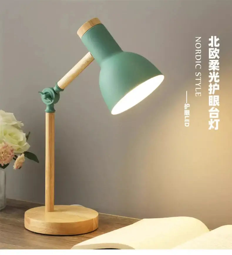 Nordic mint green wooden table lamp bedroom eye protection light
