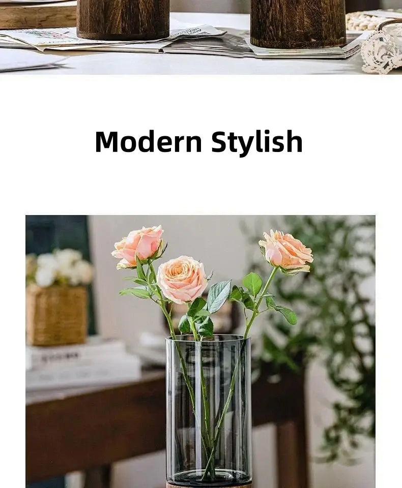 Creative retro glass vase with wood base for living room