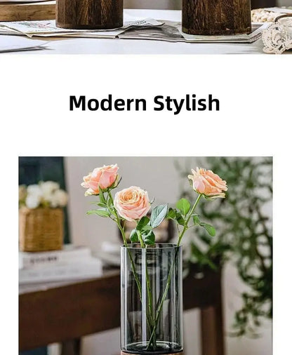 Creative retro glass vase with wood base for living room