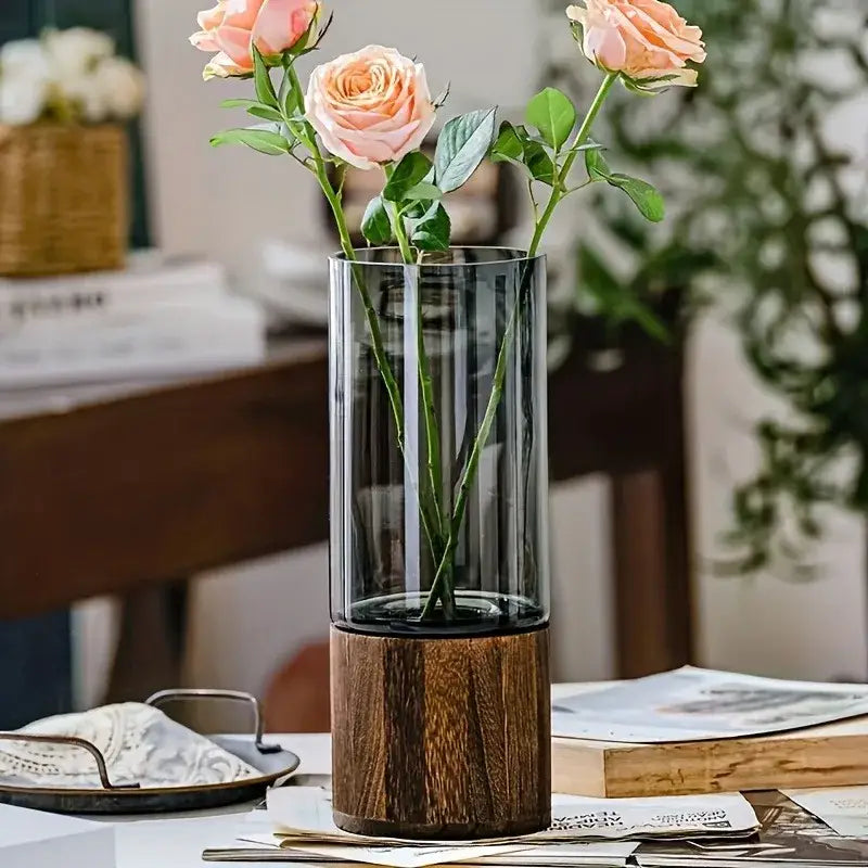 Creative retro glass vase with wood base for living room