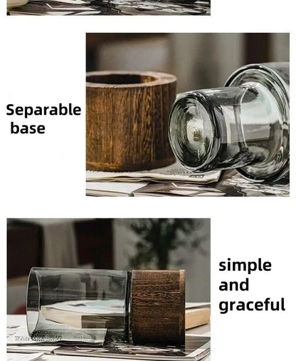 Creative retro glass vase with wood base for living room
