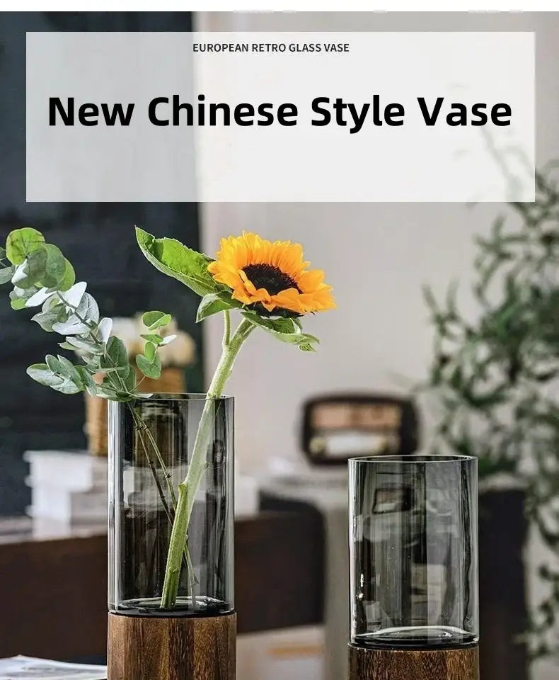 Creative retro glass vase with wood base for living room