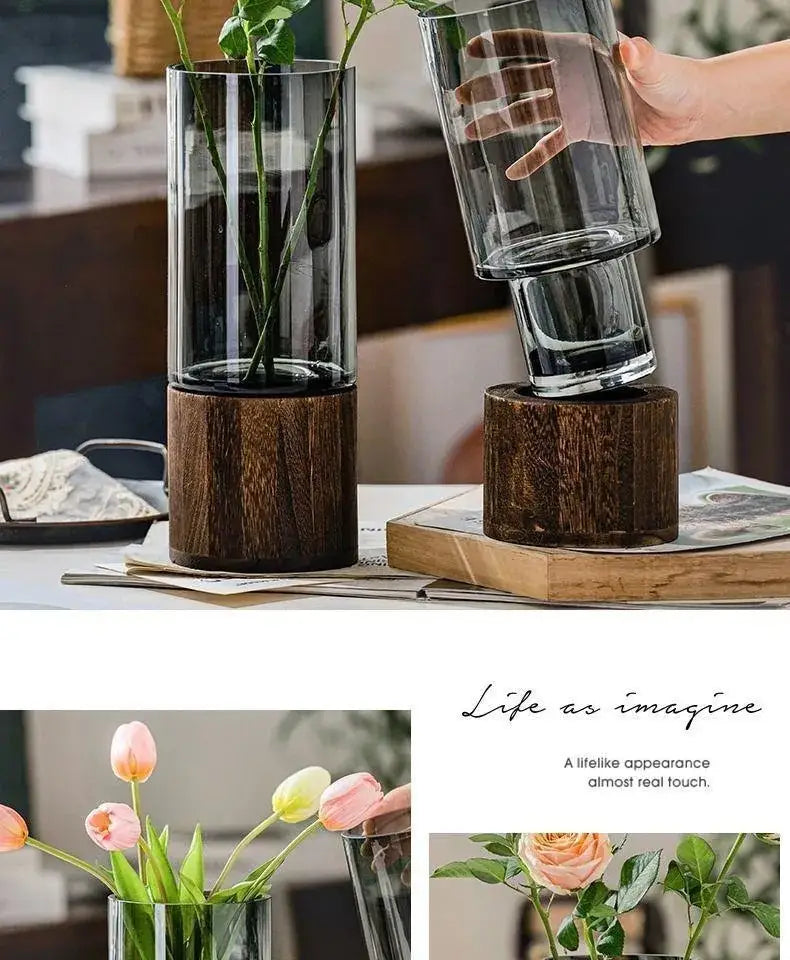 Creative retro glass vase with wood base for living room