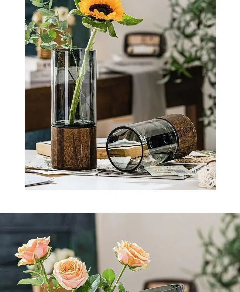 Creative retro glass vase with wood base for living room