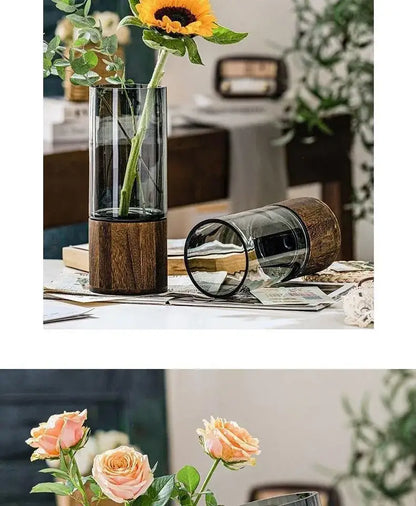 Creative retro glass vase with wood base for living room