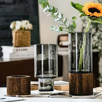 Creative retro glass vase with wood base for living room