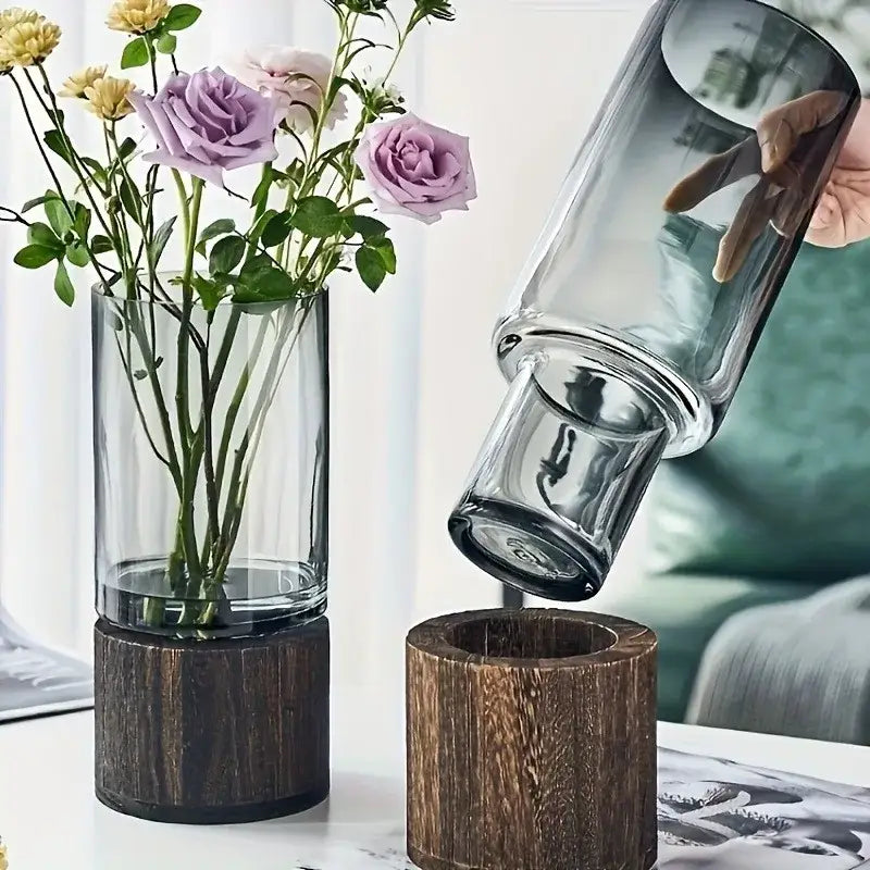 Creative retro glass vase with wood base for living room