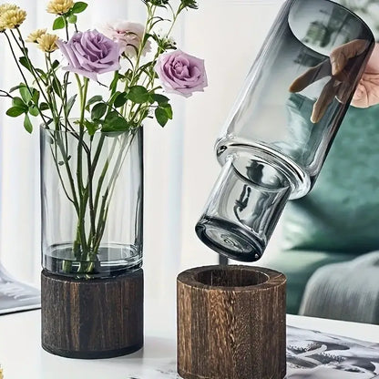 Creative retro glass vase with wood base for living room