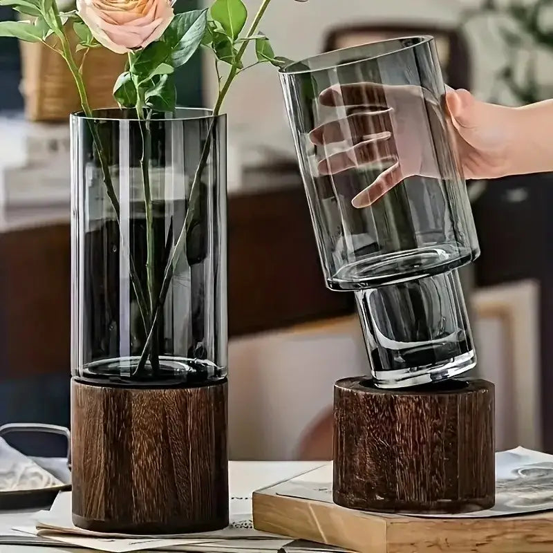 Creative retro glass vase with wood base for living room