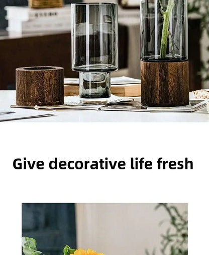 Creative retro glass vase with wood base for living room