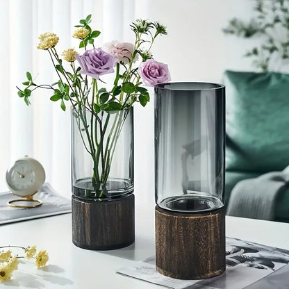 Creative retro glass vase with wood base for living room